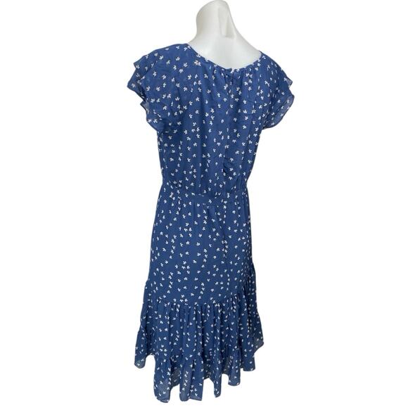 J.Crew Blue Floral Short Flutter Sleeve Ruffle Tiered Zip Midi A Line Dress Sz 4 - Picture 2 of 4